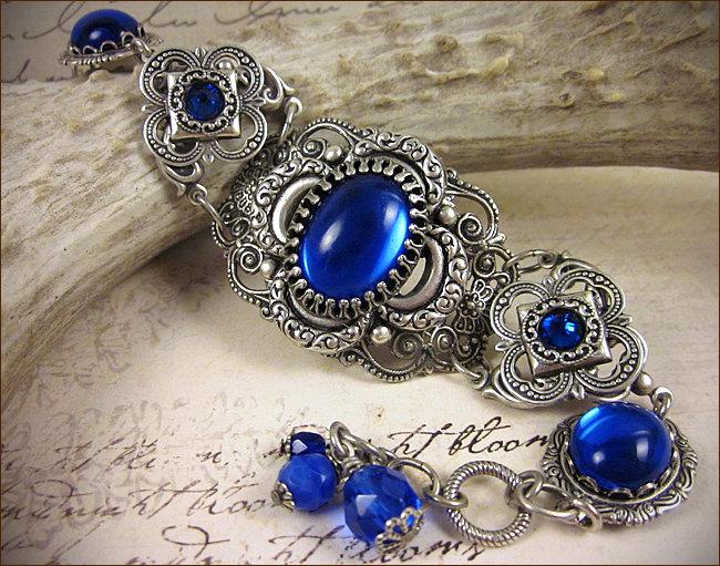 Wedding - Medieval Bracelet, Sapphire, Blue Clover, Renaissance Jewelry, Antiqued Filigree Jewelry, Tudor Jewelry, Ready to Ship