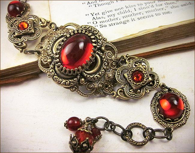 Wedding - Medieval Bracelet, Ruby, Red, Medieval Clover, Renaissance Jewelry, Antiqued Filigree Jewelry, Tudor Jewelry, Ready to Ship