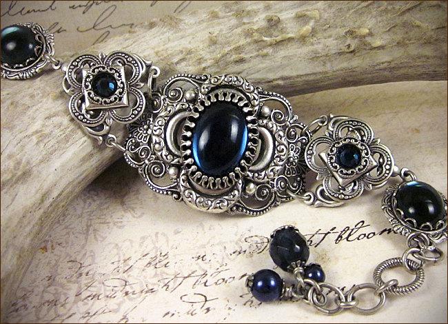 Wedding - Blue Medieval Bracelet, Tudor Bracelet, Quatrefoil, Renaissance Jewelry, Antiqued Filigree Jewelry, Tudor Jewelry, Ready to Ship