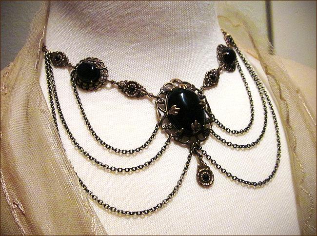 Hochzeit - Romantic Dark Victorian Antiqued Filigree Swag Chain Necklace in Your Choice of Color, in Antiqued Brass or Silver