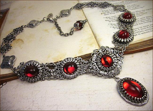 Hochzeit - Ruby Red Renaissance Necklace, Victorian Necklace, Bridal Jewelry, Medieval Jewelry, Tudor, Ren Faire, SCA Garb, Wedding, Choose Your Color