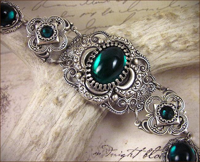 Wedding - Medieval Bracelet, Emerald, Green, Tudor Bracelet, Clover, Renaissance Jewelry, Antiqued Filigree Jewelry, Tudor Jewelry, Ready to Ship