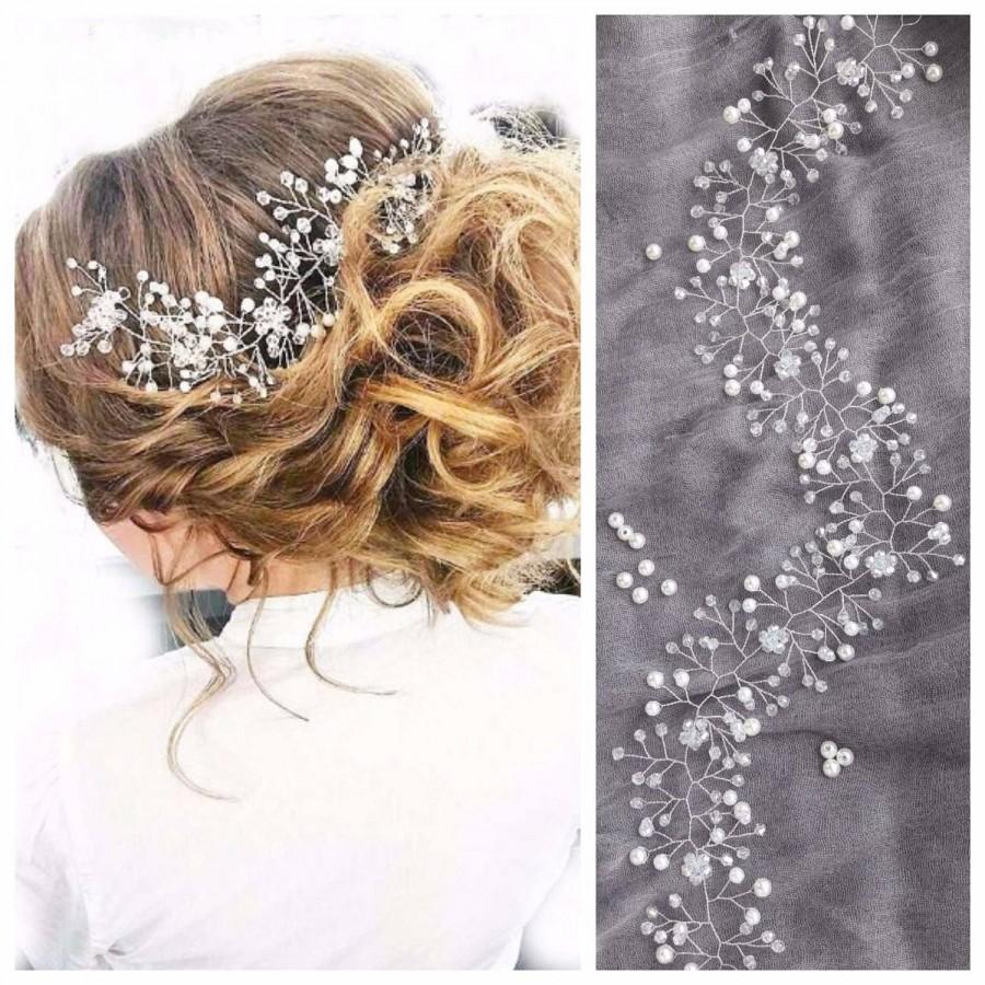 Mariage - Long Bridal hair vine Wedding hair piece Bridal hair vine Crystal hair vine Baby breath hair piece Bohemian Silver Headband Pearl Headpiece