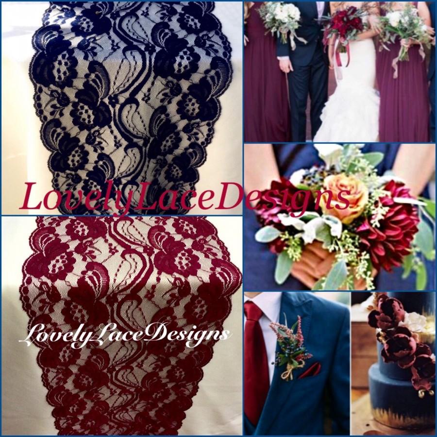 Mariage - Navy & Burgundy Lace Table Runners/3ft -10ft long x 7in wide/Wedding Decor/Table Decor/NAVY/burgundy weddings/Centerpiece/Weddings