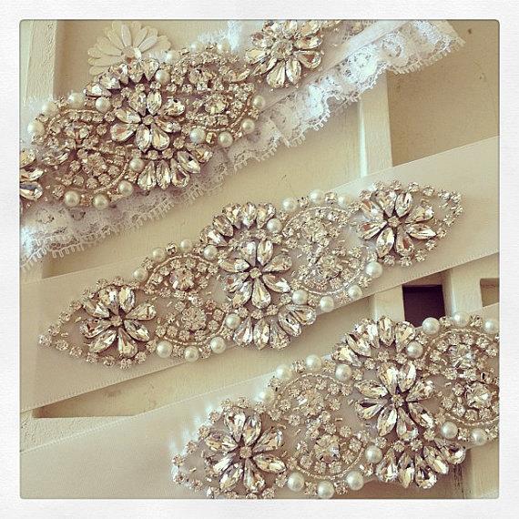Hochzeit - Crystal and pearl beaded applique for bridal sash, wedding headband, garters