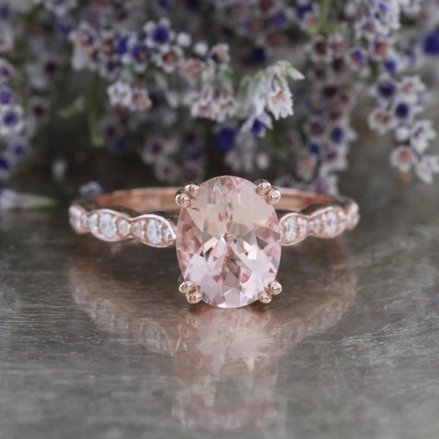 Wedding - Solitaire Morganite Engagement Ring in 14k Rose Gold Scalloped Diamond Wedding Band 9x7mm Oval Cut Pink Peach Gemstone Anniversary Ring