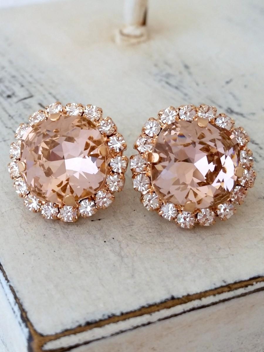 Hochzeit - Rose gold blush earrings,Morganite bridal earring, blush pink crystal stud earrings,blush pink bridesmaids earring,Swarovski studs,rose gold