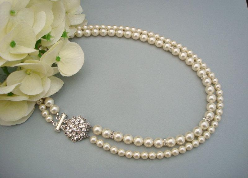 زفاف - Bridal Pearl Necklace, Ivory Swarovski Pearls, Bridal Rhinestone Necklace, Pearl Rhinestone Necklace, Statement Bridal Necklace, ANDREA