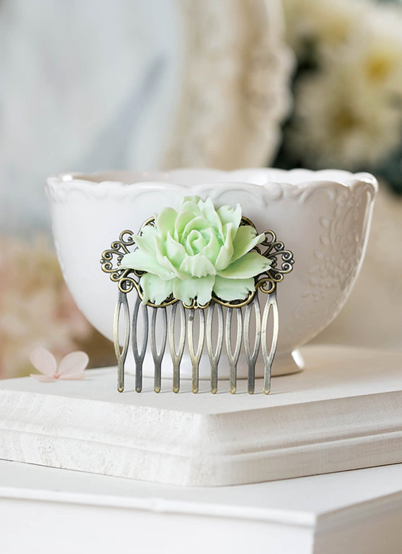 Wedding - Mint Green Rose Flower Hair Comb, Mint Wedding Hair Accessory, Antiqued Brass Filigree Hair Comb, Bride Bridal Hair Comb, Bridesmaid Gift