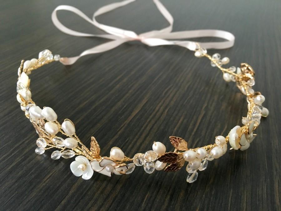 Wedding - Peal Floral Headpiece with Gold leaves