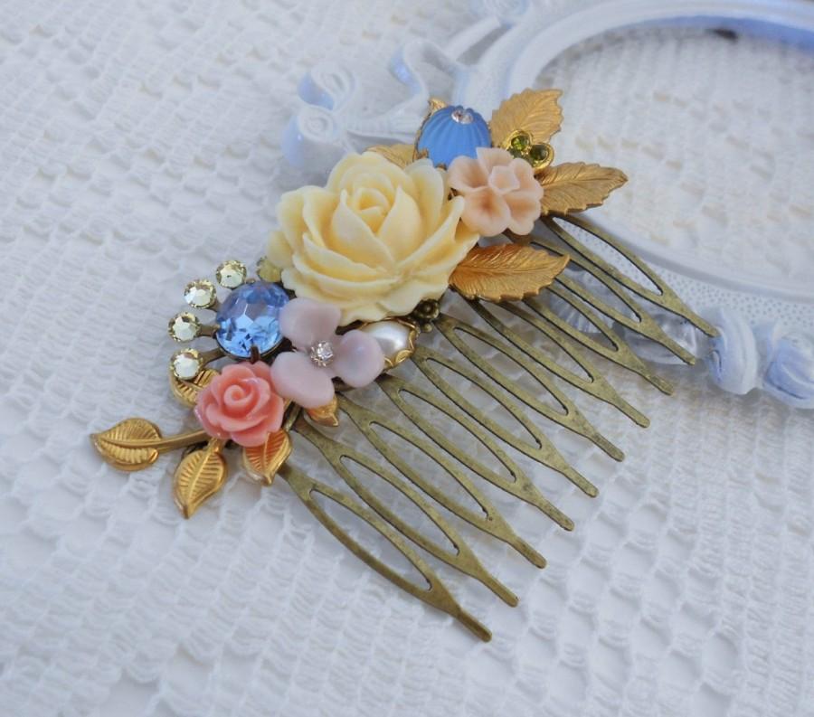 Wedding - Leaf Hair Comb, Bridal Hair Comb, Floral Headpiece, Pastel Hair Comb, Jeweled Hair Comb, Garden Wedding Hair Comb, Assemblage Comb, OOAK