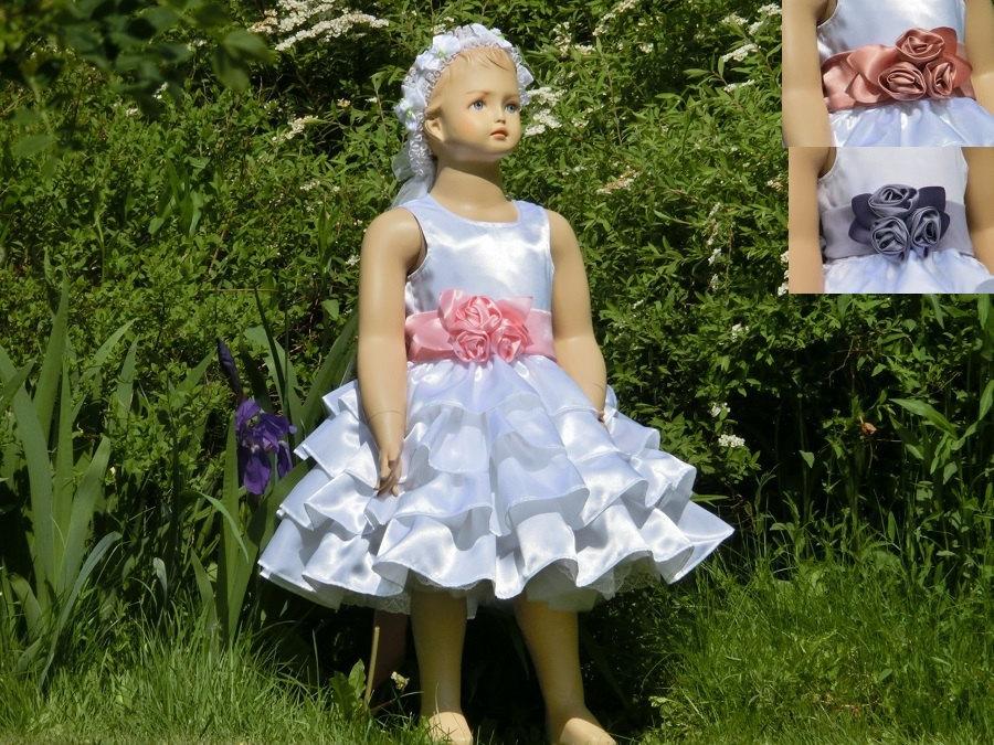 Mariage - White flower girl dress with sash, white satin flower girl dress. Flower girl ruffle dress Flower girl with pink dusty rose or lavender sash
