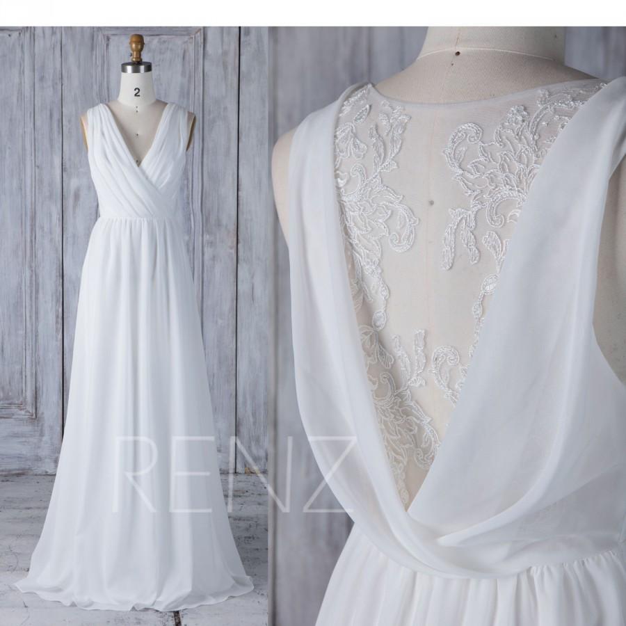 زفاف - 2017 Off White Chiffon Bridesmaid Dress, Ruched V Neck Wedding Dress, Lace Back Prom Dress, A Line Long Evening Gown Floor Length (L232)
