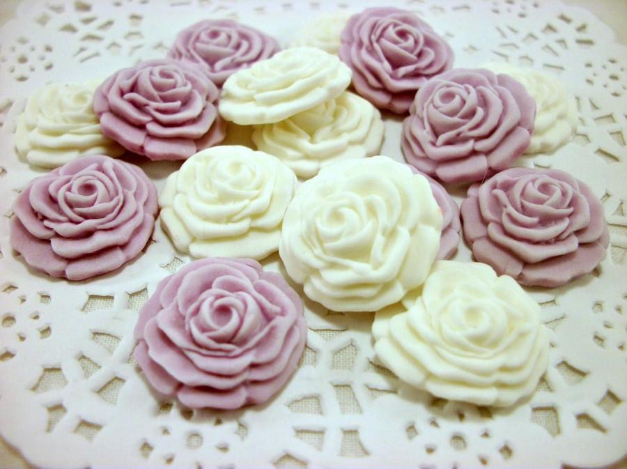 Wedding - Sugar Flower Fondant Rose Gumpaste Edible Fondant Cake Cupcake Topper White Purple Wedding Candy Favor, Baby Shower, Flower Topper-set 36
