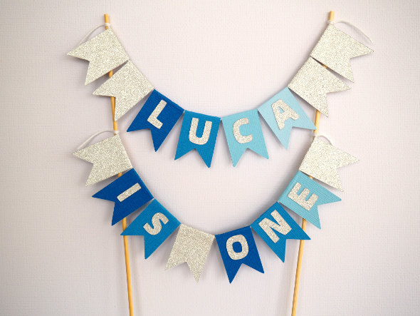 Wedding - Personalised ombre blue and silver glitter cake bunting 