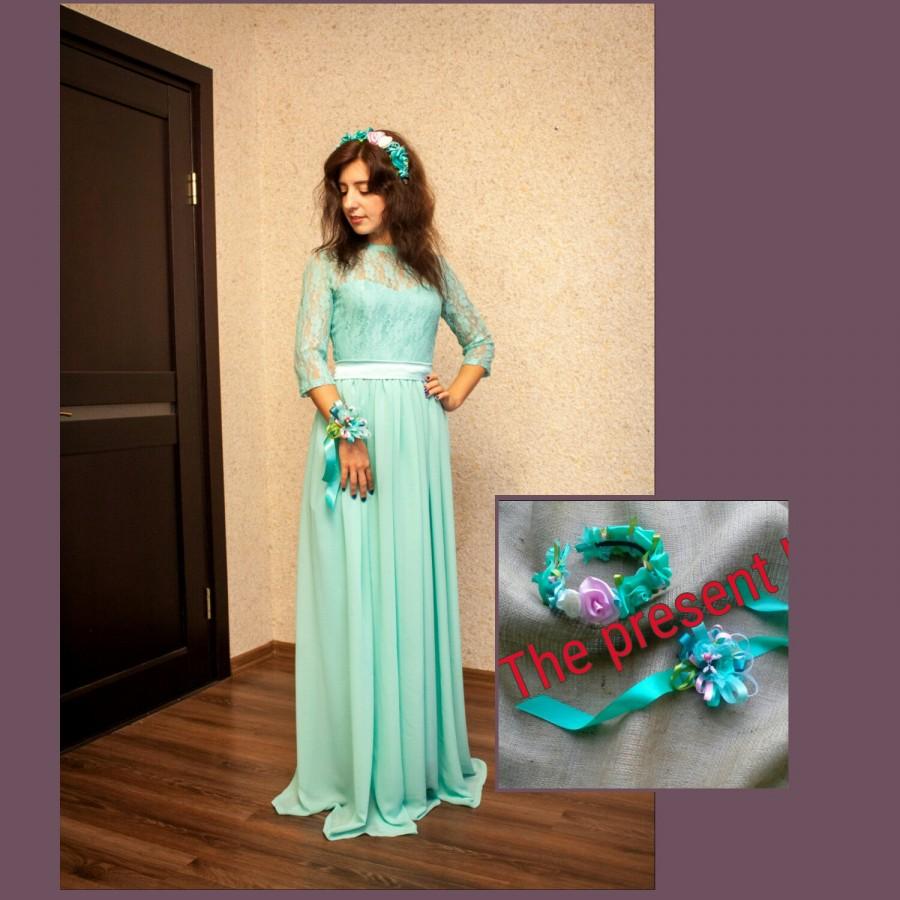 Mariage - Mint color dress. Bridesmaid long dress. Cocktail dress. Dress with bow belt