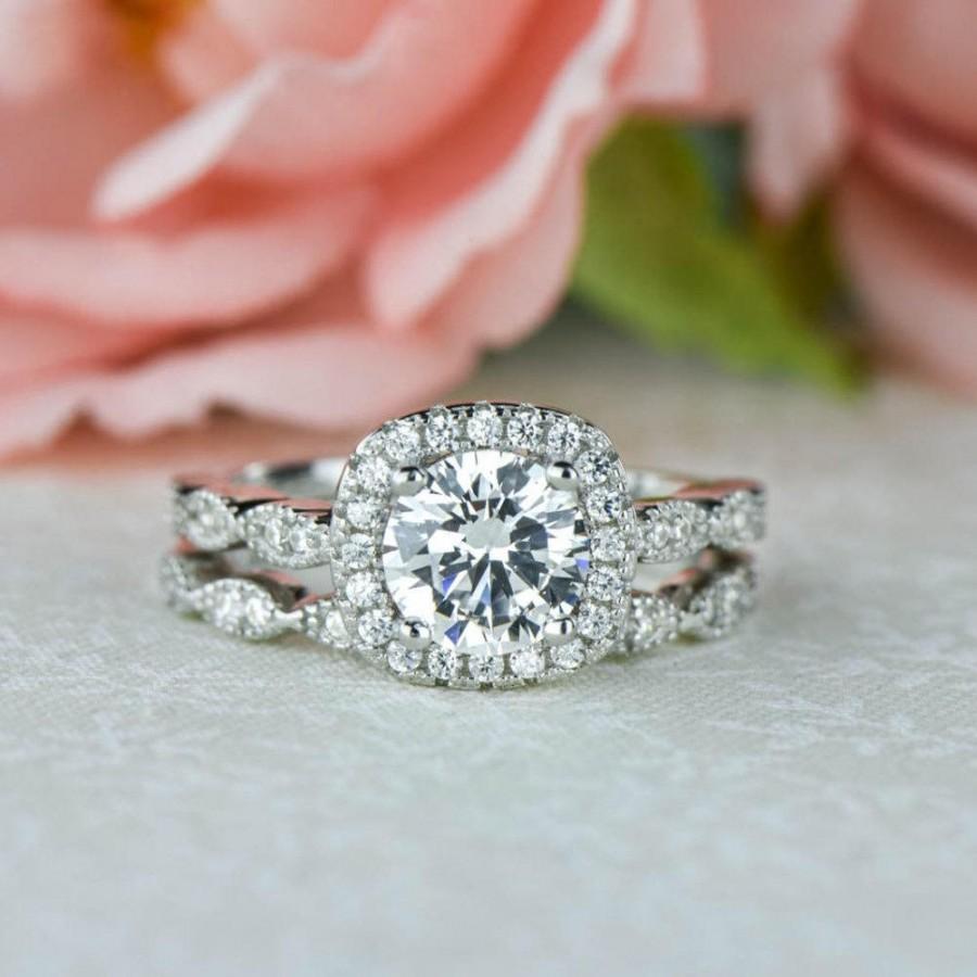 Hochzeit - 1.25 ctw Halo Wedding Set, Vintage Style Bridal Rings, Man Made Diamond Simulants, Art Deco Ring, Halo Engagement Ring, Sterling Silver