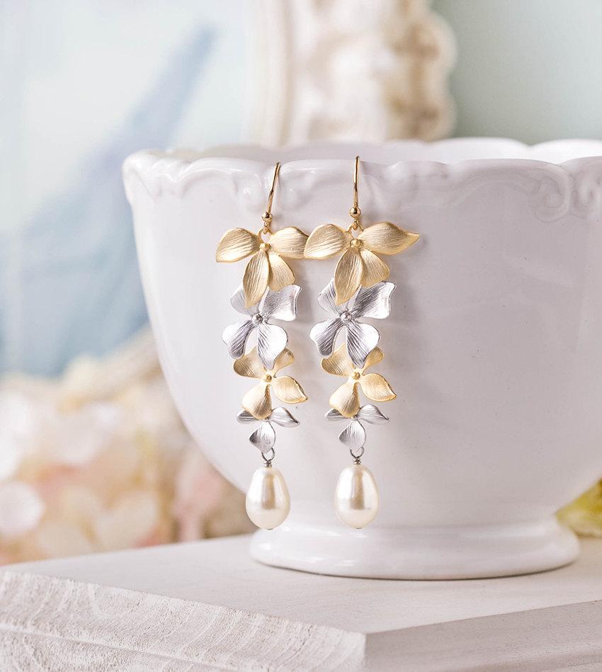 Wedding - Bridal Earrings, Gold and Silver Earrings, Wedding Earrings, Bridesmaid Earrings, Orchid Flower Teardrop Cream Pearl Long Dangle Earrings