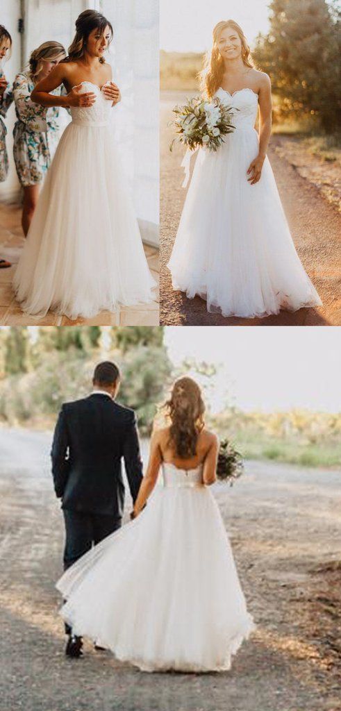 Wedding - Elegant Tulle Beach Wedding Dresses 2017 Sweetheart Lace A Line Simple Cheap Bridal Gowns Plus Size Country Wedding Dress