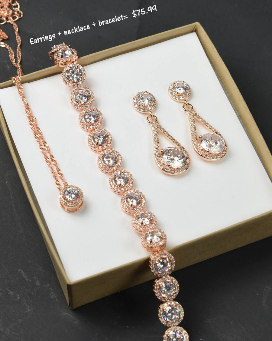 Wedding - Rose Gold Earrings, Rose Gold Bracelet, Bridal Bracelet and Earrings Set, Rose Gold jewelry set,Personalized Bridesmaids Gift