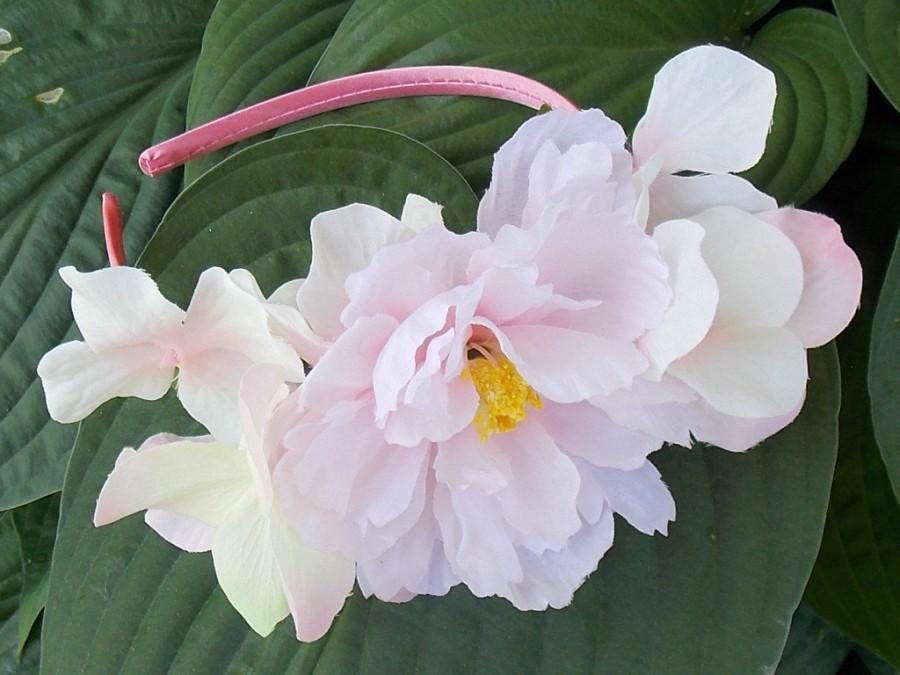 زفاف - Pale Pink Peony Flower Headband with Pink Hydrangea Blossoms and Green Leaves, Pink Flower Crown,  Spring Flowergirl Headpiece D13