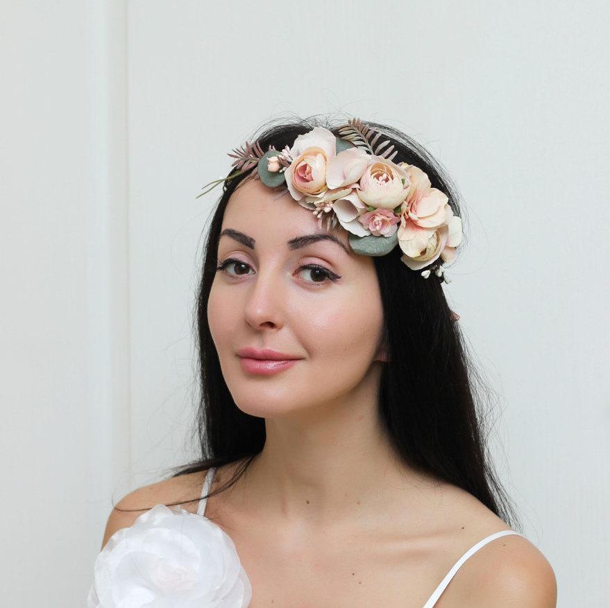 Wedding - Blush pink beige eucalyptus wedding flower crown  Bridal headpiece Flower halo Floral crown Flower hair wreath Girl flower crown