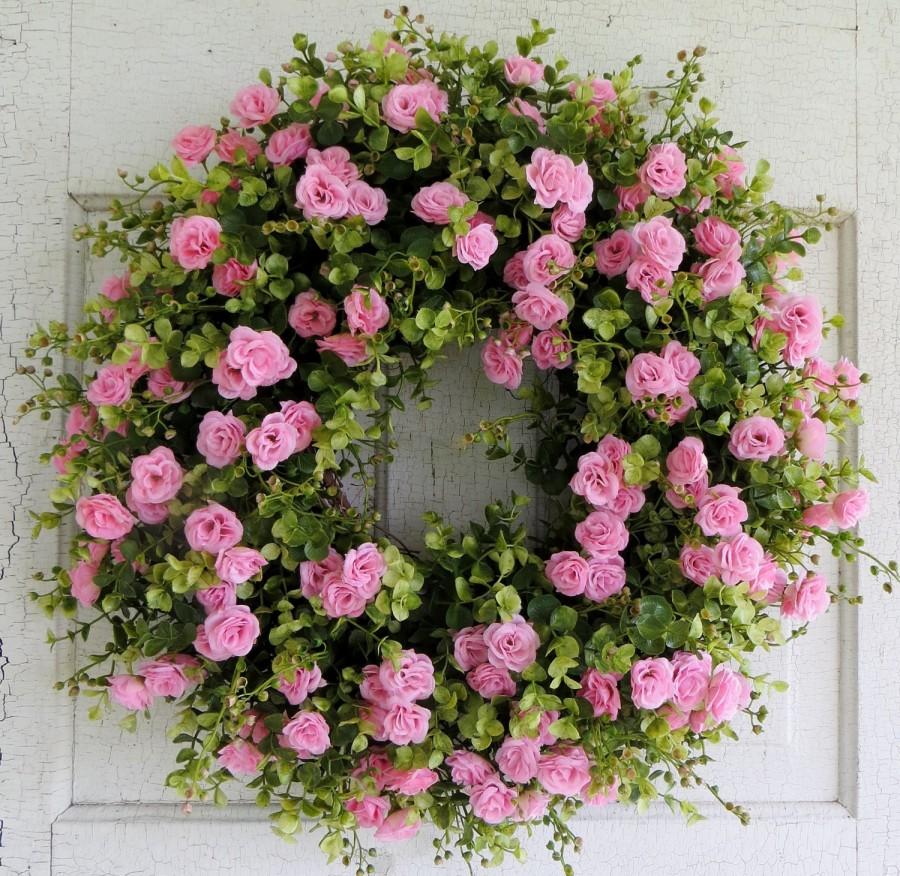 Свадьба - Pink Rose Wreath, Summer door wreath, Front door wreath, Eucalyptus Wreath, Housewarming Gift, Wedding Gift, Wreath for Front Door
