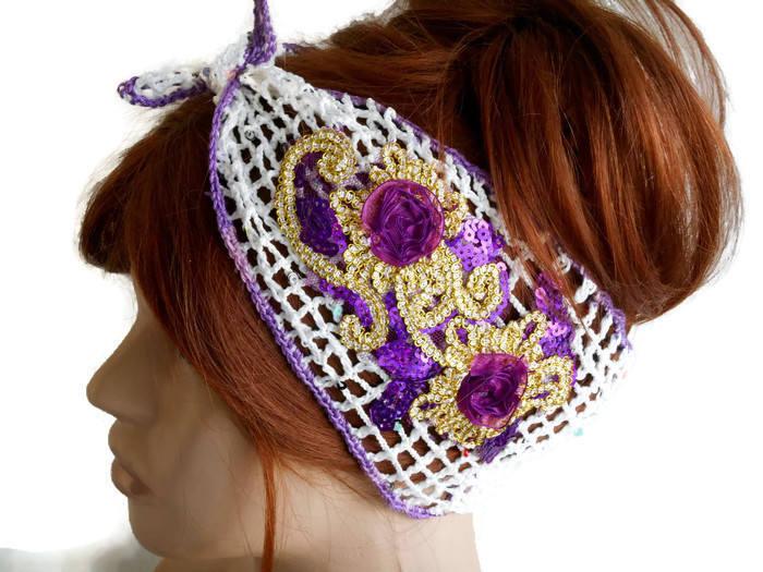 Wedding - Turban Headband, Crochet Headband, Glow Headband, Gypsy Headband, Hair Accessory, Knitted Hairband, Summer Headband, Lace Headband