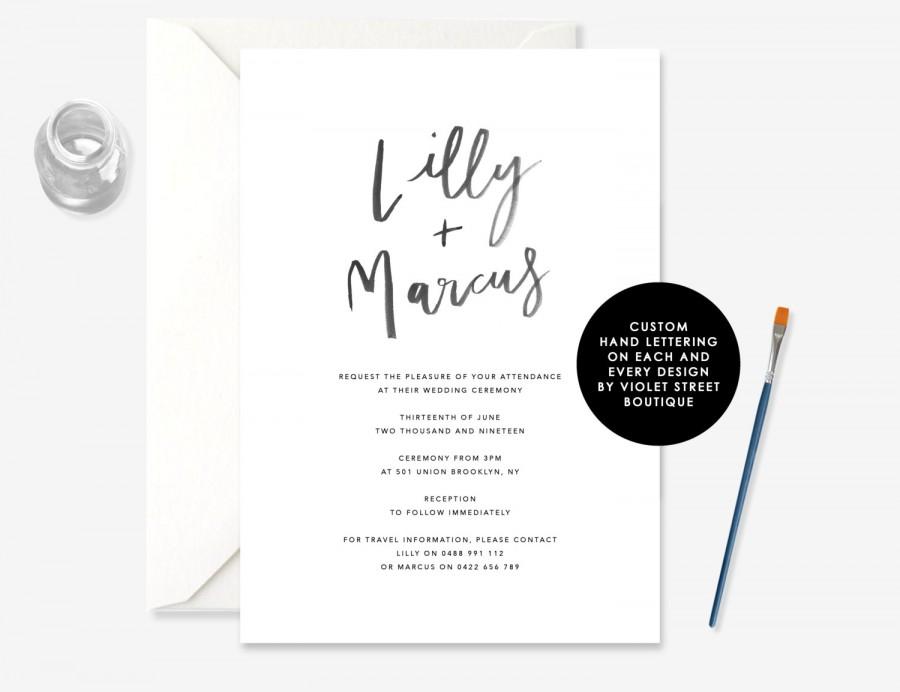 Свадьба - Printable Black and White Brush Lettering Customisable Wedding Invitation Printable Invitation Digital File with Hand Lettering