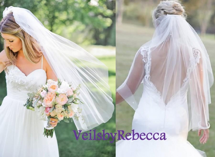 Wedding - Plain tulle veil, simple hip length tulle veil, 1 tier fingertip tulle veil, 1 tier scattered crystal tulle veil, simple tulle veil V600