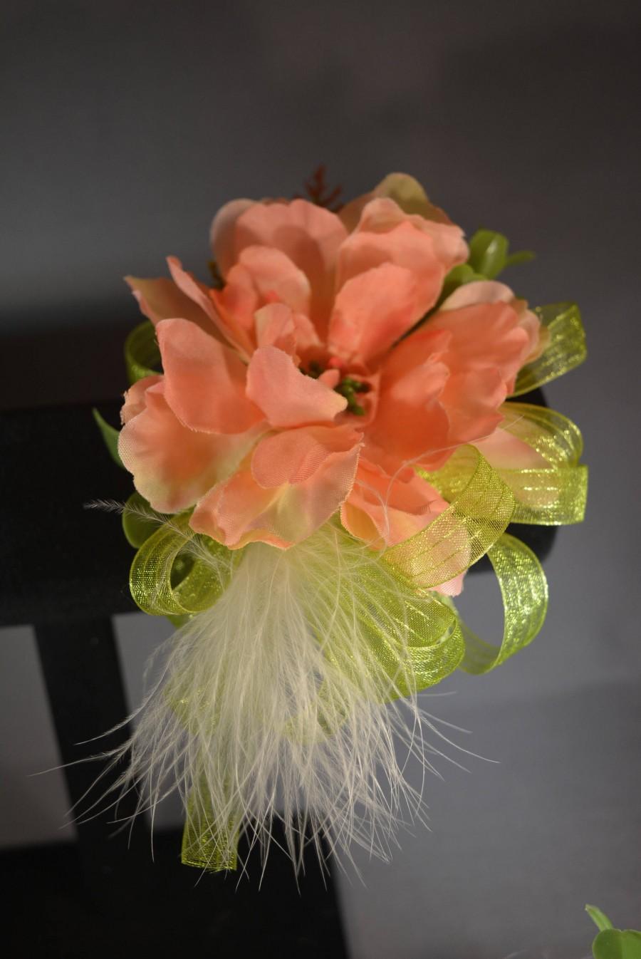 Hochzeit - Peach Wrist Corsage With Silk Peach Zinnia Light Green Ribbon and White Plume Feather On White Beaded Wristlet
