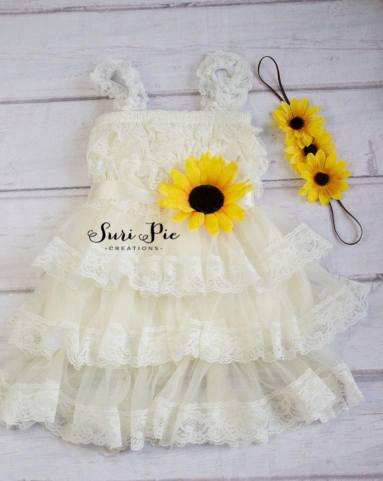Hochzeit - Rustic Sunflower Flower Girl Dress-Sunflower Sash and Headband Lace Flower Girl Dress-Cowboy Girl Outfit.Flower Girl Gift