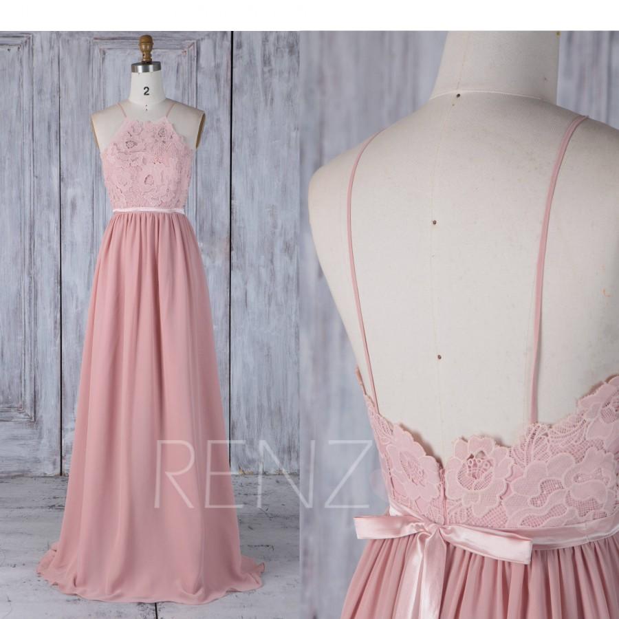 زفاف - 2017 Blush Chiffon Bridesmaid Dress Removable  Belt, Lace Top Wedding Dress, Spaghetti Straps Prom Dress, Long Maxi Dress Full Length (L292)