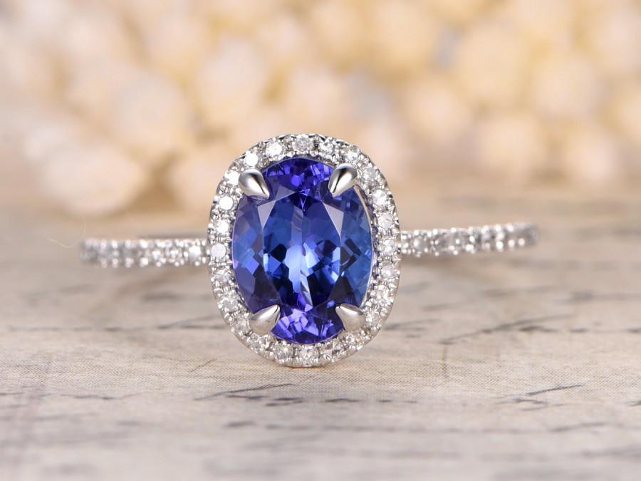زفاف - Natural Tanzanite Engagement Ring,14K White Gold,Blue Gemstone Ring,Diamond Wedding Band,Vintage Halo,Propose ring,Promise Ring,Blue Jewelry