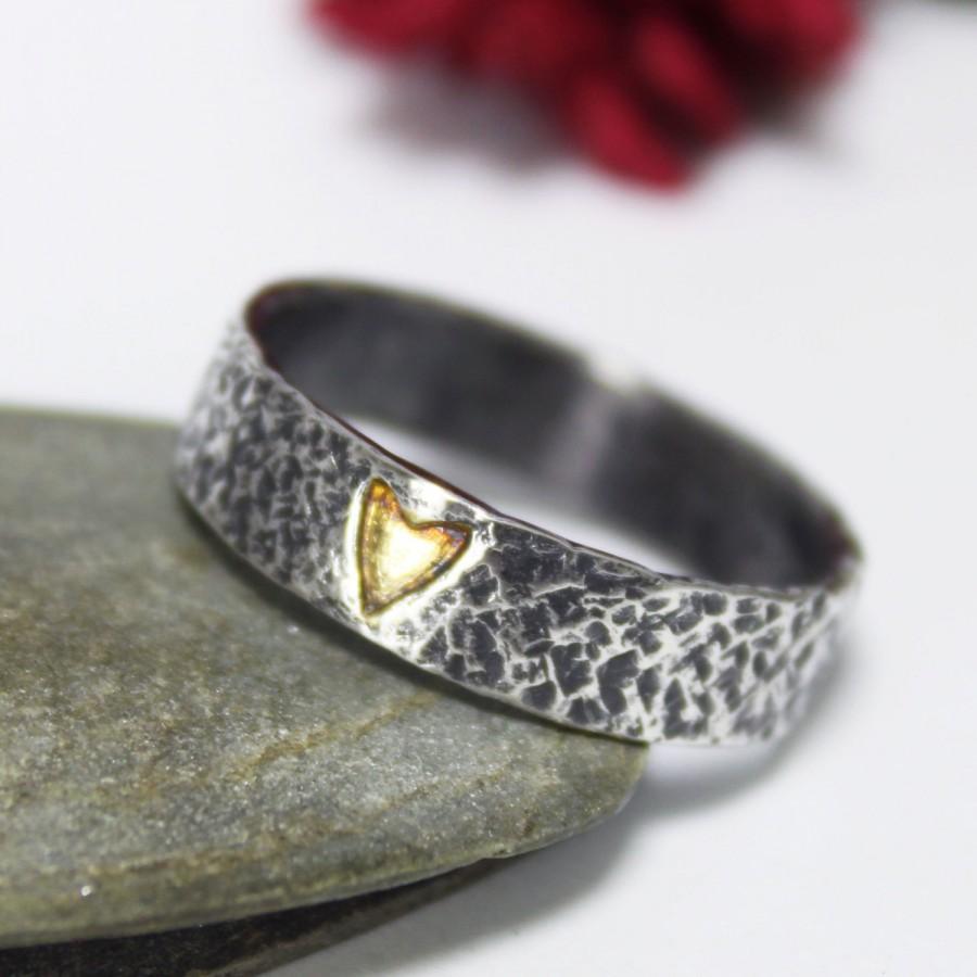 زفاف - Golden HEART Hammered Ring, Sterling Silver 24K Keum-boo Ring, Silver Ring, Rustic Ring, Keum-Boo Ring, Engagement Ring, Couple Ring