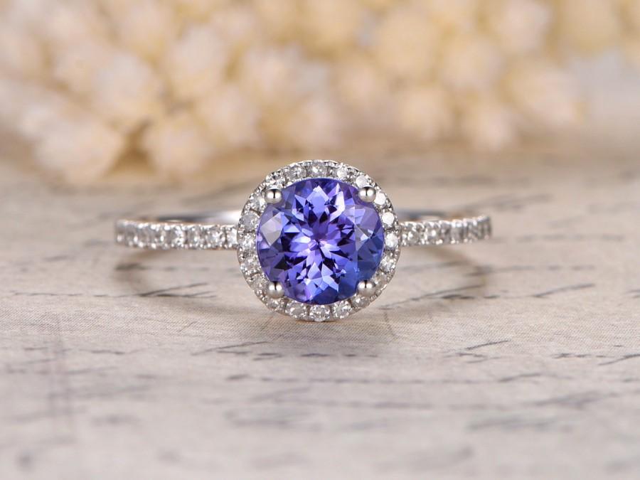 Wedding - Tanzanite Ring,7mm Round Tanzanite Engagement Ring,14K White Gold,Blue Gemstone,Halo,Diamond Wedding Band,Propose ring,Anniversary Ring