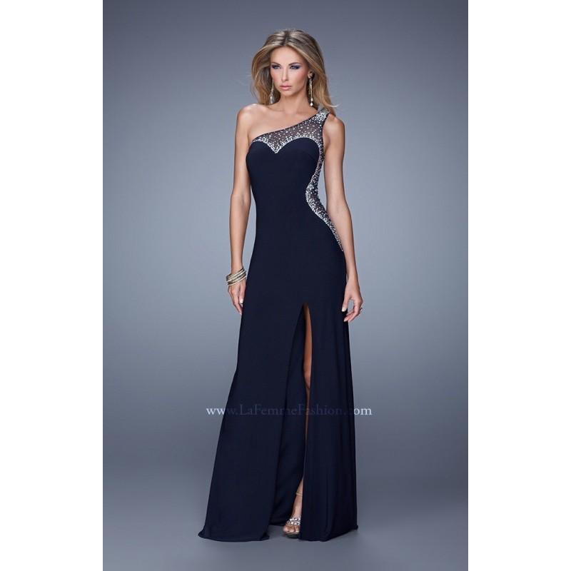 Hochzeit - Gunmetal La Femme 21026 - High Slit Jersey Knit Sheer Dress - Customize Your Prom Dress