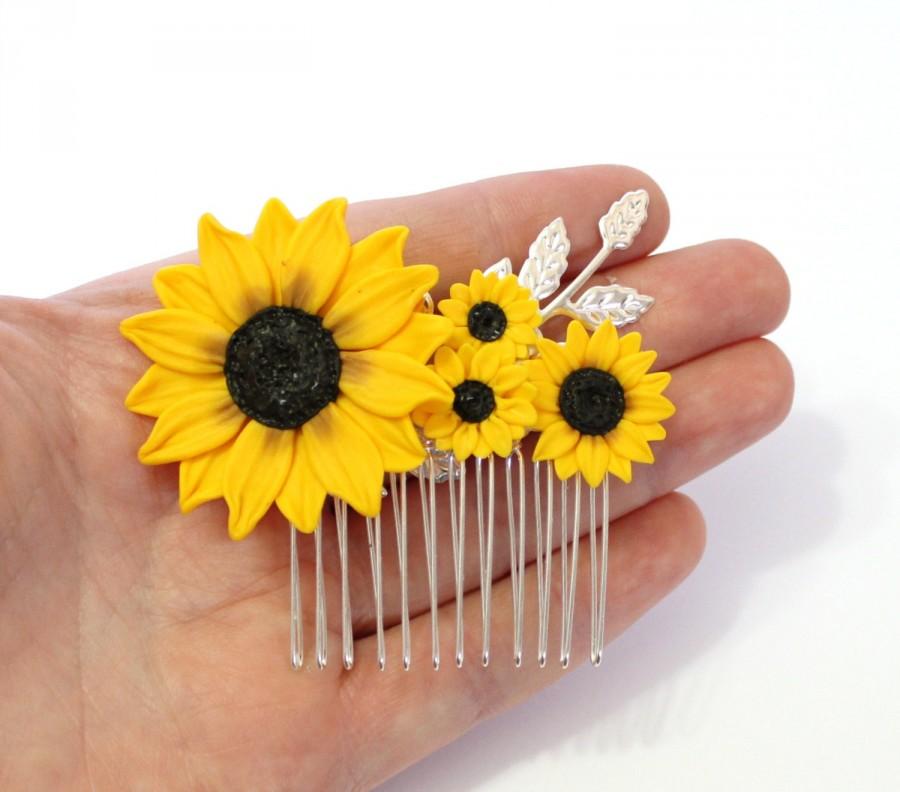 زفاف - Sunflower Hair Comb, Sunflower Wedding, Large Sunflower Hair Comb, Bridesmaids Gift, Yellow Wedding, Woodland Wedding, Yellow Sunflower