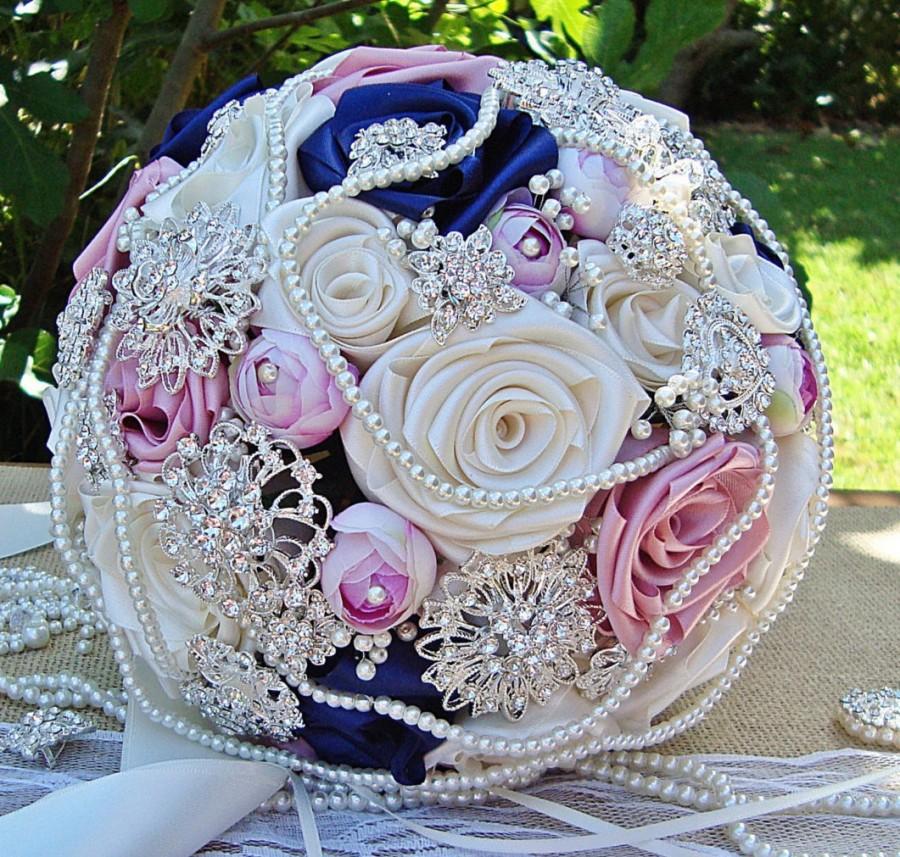 Mariage - Bridal Bouquet blush pearl brooch wedding dusky pink, navy, Ivory, dimantie crystal bouquet