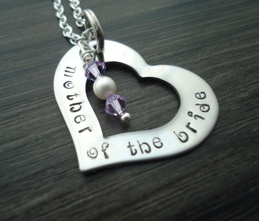Hochzeit - Mother of the Bride OR Mother of the Groom Heart Hand Stamped Name Necklace with Swarovski Crystal