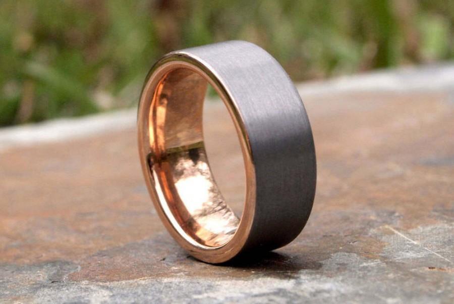 Wedding - SALE!! SALE!! Brushed Silver with Polished Rose Gold Tungsten Carbide Ring • Men's 8mm Wedding Band • Size 8-11.5 • (SKU: 500RGP)
