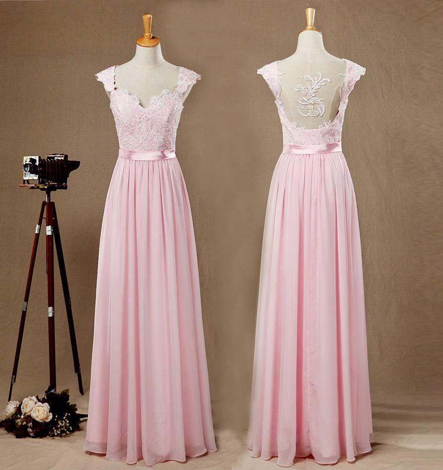 Hochzeit - Pale Pink Lace mix Chiffon Bridesmaid dress,Sweetheart Cap Sleeves Open back Prom dress,Sexy  Princess Evening Dress Ball Gown