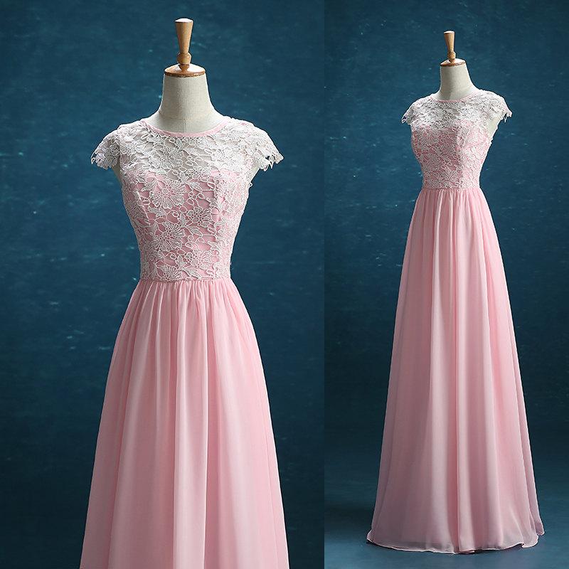 زفاف - Long Bridesmaid Dress Pink, Cap Sleeves Pink Lace Chiffon Wedding Dress,Chiffon Formal Dress, Pink Chiffon Party Dress Floor Length
