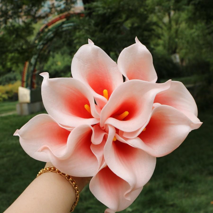 Mariage - Calla Lily Blush Real Touch Flowers 10 Latex Calla Lilies Coral Heart For Bridesmaids Bouquet Wedding Decor Table Centerpieces