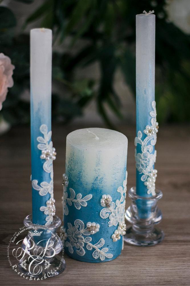 Wedding - Wedding pillar candles, airy blue & white, unity candles, rustic chic, cottage, lace and crystals, votive candles, pearls, candle set, 3pcs