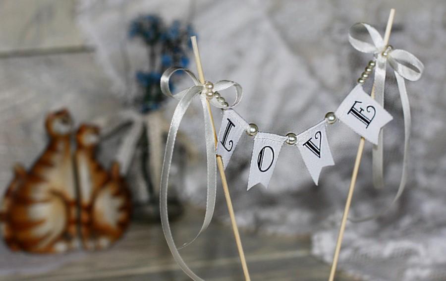 زفاف - LOVE Wedding Cake Topper Banner with pearls and bows