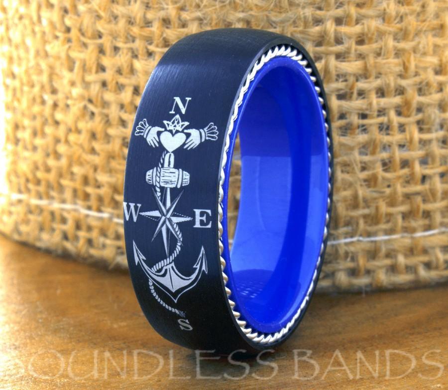 Свадьба - Tungsten Ring Tungsten Wedding Ring Mens Women's Wedding Bands Promise Anniversary 8mm Matching Ring Set Anchor Celtic Nots Black Blue Ring