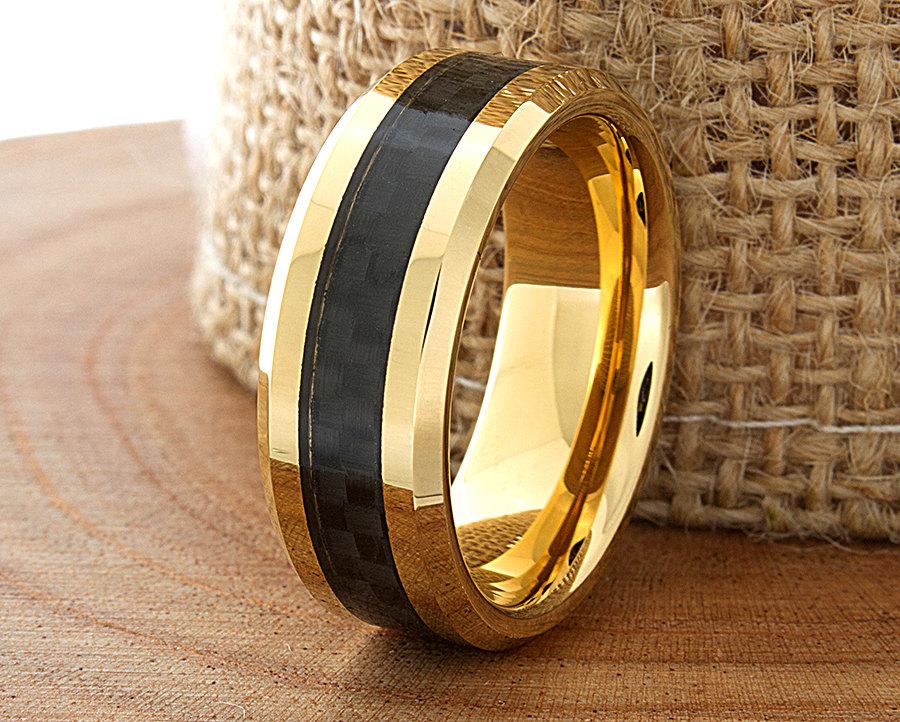 Hochzeit - Carbon Fiber Tungsten Wedding Ring Yellow Gold Mens Wedding Band Custom Laser Engraved Ring His Yellow Gold Tungsten Band 8mm 5-15 Half Size