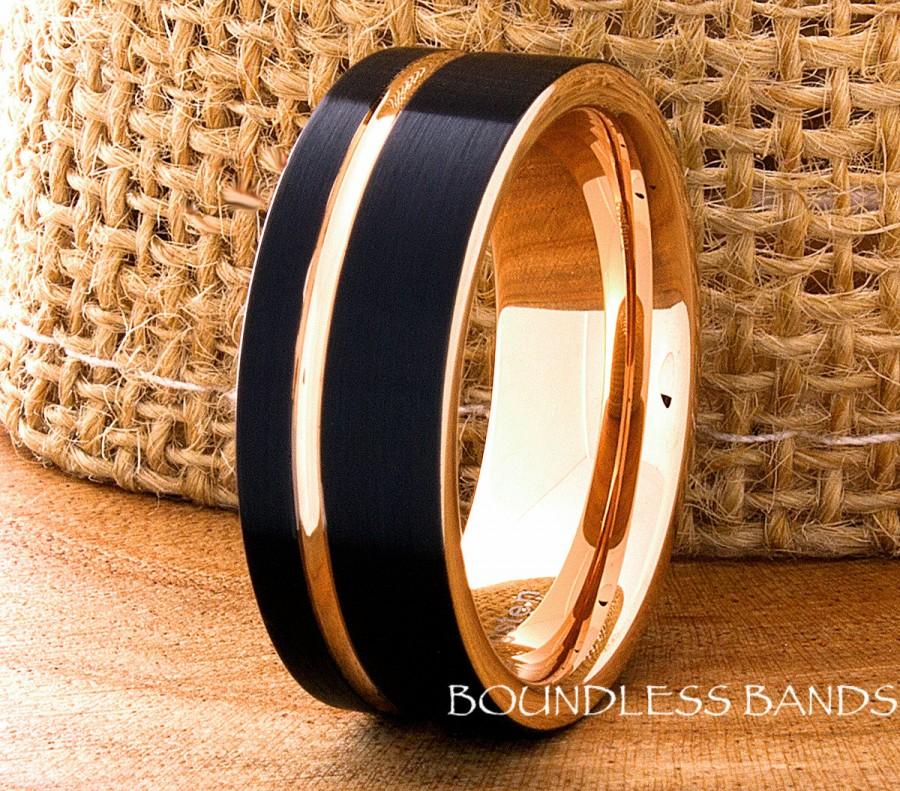 Hochzeit - Tungsten Ring Black And Rose Gold Wedding Band 8mm Mens Women's His Hers Two Tone Anniversary Promise Engagement Comfort Fit Offset Grooved