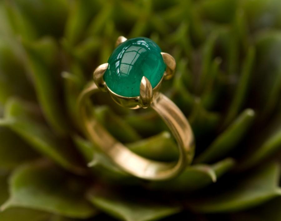 Wedding - Emerald Gold Ring - Oval Emerald Ring in 18K Gold - Large Emerald Cab Gold Ring - Cabochon Emerald Ring in 18k Gold - Made to Order